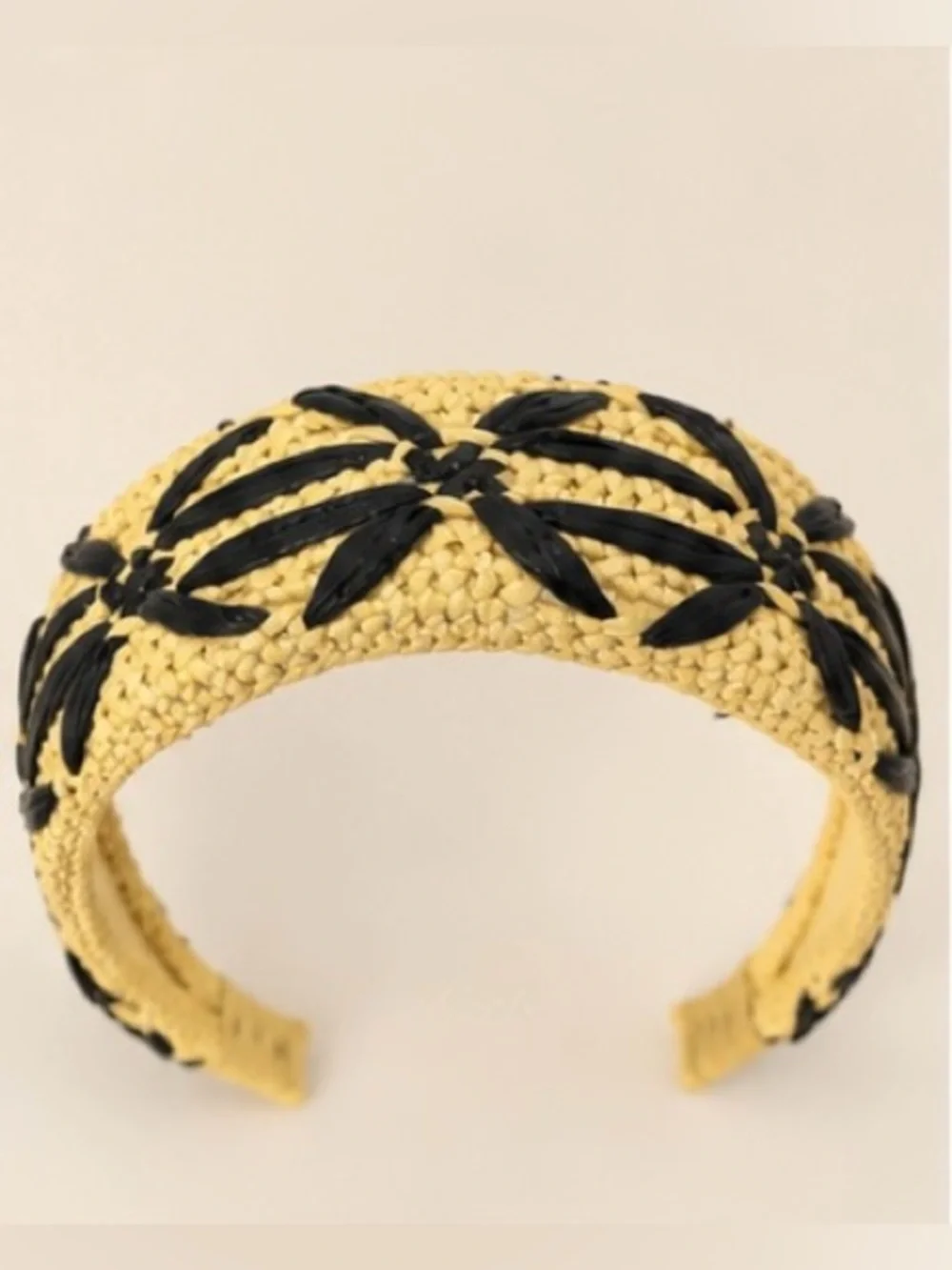 Yellow Woven Headband with Black Leaf Accents